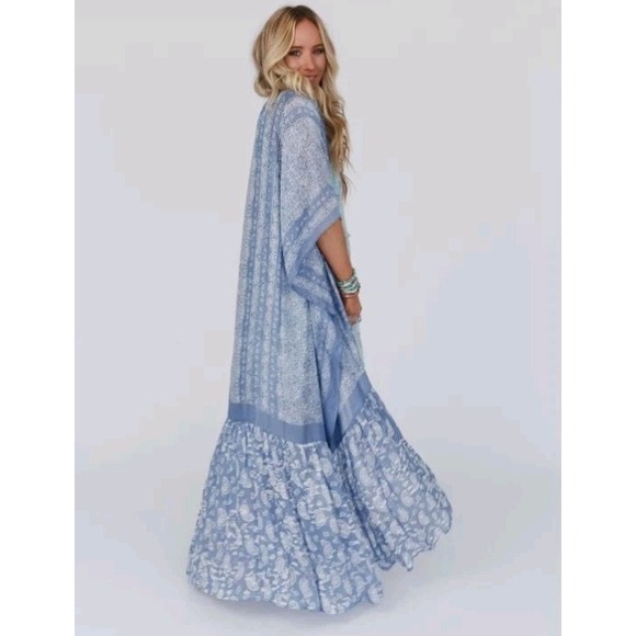 Three Bird Nest Paisley Tapestry Free Flow Duster Kimono One Size Blue Bohemian - Picture 2 of 14